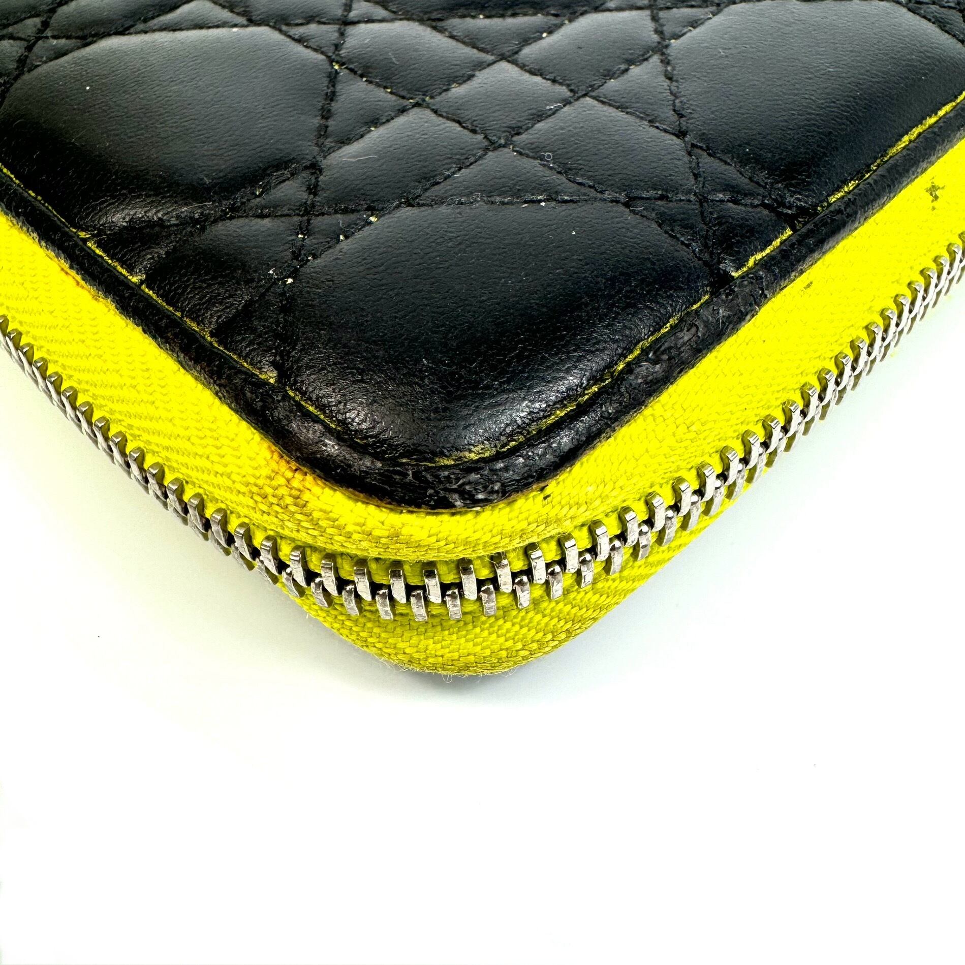 クリスチャンディオール　カナージュ　ロングウォレット　ラウンドジップ　レザー　黒　黄色　チャームなし