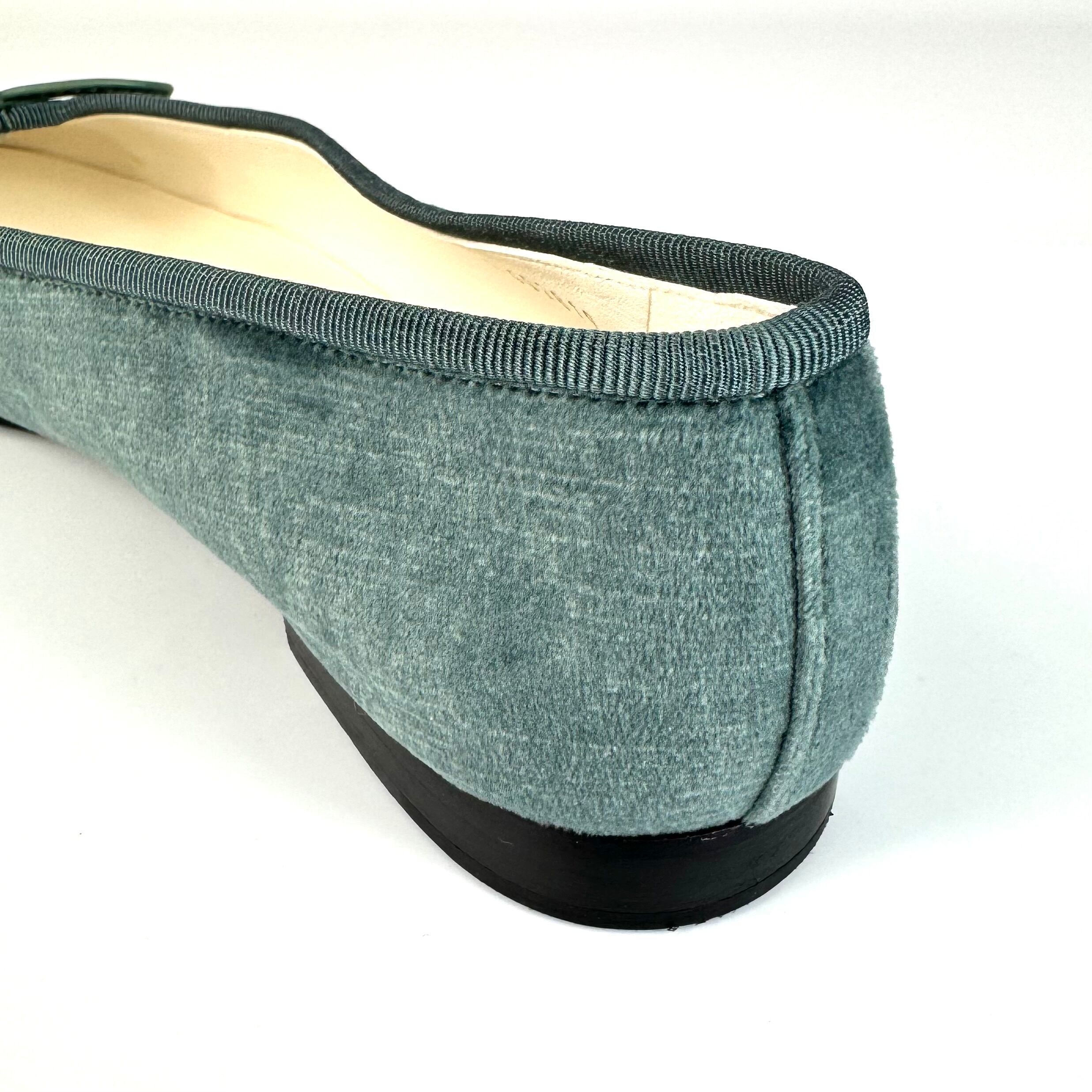 シャネル　CHANEL　リボンバレエシューズ　ココマーク　スエード　くすみブルー　23cm　351/2C